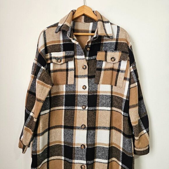 EUC AMAZING PLAID NEUTRAL COLORS LONG SHACKET SIZE M - Picture 3 of 15